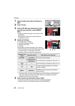 Page 2424
Grabación
SQT0419 (SPA) 
1Ajuste el disco del modo de enfoque en 
[MF].
2Pulse 2 ().
3Pulse  3/4/2/1 para determinar el área 
que hay que aumentar, y pulse [MENU/
SET].
•Aparece la pantalla de ayuda, que aumenta el área. 
(Ayuda MF)
•Si pulsa [DISP.], el área que hay que ampliar se 
restablecerá al centro.
4Ajuste del enfoque.
A Indicador para  ¶ (infinito)
B Ayuda MF (pantalla ampliada)
C Asistente de enfoque
D Guía MF
•Se resaltarán las partes enfocadas. (Pico máximo)•Puede comprobar si el punto de...