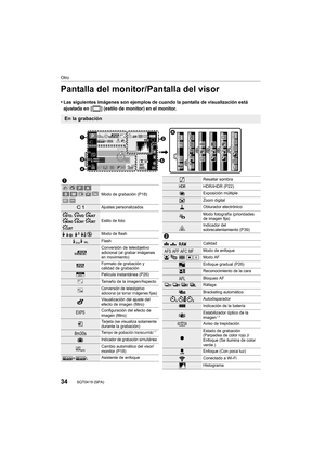 Page 3434
Otro
SQT0419 (SPA) 
Pantalla del monitor/Pantalla del visor
•Las siguientes imágenes son ejemplos de cuando la pantalla de visualización está 
ajustada en [ ] (estilo de monitor) en el monitor.
En la grabación
989898
AFSAFSAFSL4:3
0é0å0ó0é0å0ó
20000200200606060
3.53.53.500AELAELAELBKTBKTBKTAWBAWBAWB
ISOISO
SSSSSS
FF··
Fn7Fn7Fn7 Fn7 Fn4
Fn4Fn4
Fn4 Fn3
Fn3Fn3 Fn3
Fn5
Fn5Fn5
Fn5
Fn6Fn6Fn6
Fn6SNAPSNAPSNAP
MINIMINIMINI
MINI




 
1
Modo de grabación (P18)
Ajustes personalizados
Estilo de foto...