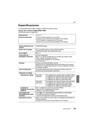 Page 4343
Otro
 (SPA) SQT0419
Especificaciones
Las especificaciones están sujetas a cambio sin previo aviso.
Cuerpo de la Cámara Digital (DMC-GM5):
Información para su seguridad
Alimentación:CC 8,4 V
Potencia absorbida: 2,3 W (Cuando se graba con el monitor)
[Cuando se usa la lente intercambiable (H-FS12032)]
1,6 W (Cuando se reproduce con el monitor)
[Cuando se usa la lente intercambiable (H-FS12032)]
Píxeles efectivos de la 
cámara 16.000.000 píxeles
Sensor de la imagen 4/3q Live MOS sensor, número total de...