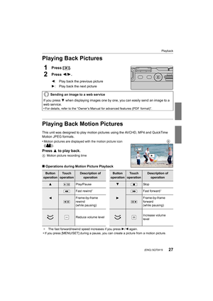 Page 2727
Playback
 (ENG) SQT0419
Playing Back Pictures
1Press [(].
2Press 2/1.
Playing Back Motion Pictures
This unit was designed to play motion pictures using the AVCHD,  MP4 and QuickTime 
Motion JPEG formats.
•
Motion pictures are displayed with the motion picture icon 
([ ]).
Press  3 to play back.
A Motion picture recording time
∫Operations during Motion Picture Playback 2: Play back the previous picture
1: Play back the next picture
Sending an image to a web service
If you press 
4 when displaying...