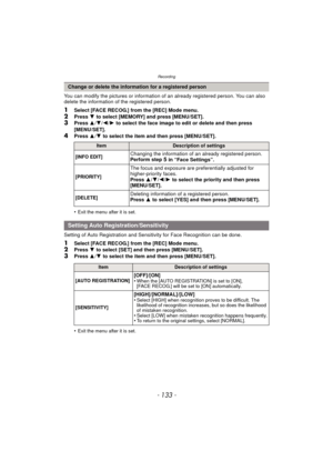 Page 133- 133 -
Recording
You can modify the pictures or information of an already registered person. You can also 
delete the information of the registered person.
1Select [FACE RECOG.] from the [REC] Mode menu.2Press  4 to select [MEMORY] and press [MENU/SET].3Press  3/4 /2 /1 to select the face image to edit or delete and then press 
[MENU/SET].
4Press  3/4  to select the item and then press [MENU/SET].
•
Exit the menu after it is set.
Setting of Auto Registration and Sensitivity for Face Recognition can be...