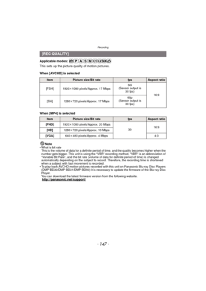 Page 147- 147 -
Recording
Applicable modes: 
This sets up the picture quality of motion pictures.
When [AVCHD] is selected
When [MP4] is selectedNote
•
What is bit rate
This is the volume of data for a definite period of time, and the quality becomes higher when the 
number gets bigger. This unit is using the “VBR” recording method. “VBR” is an abbreviation of 
“Variable Bit Rate”, and the bit rate (volume of data for definite period of time) is changed 
automatically depending on the subject to record....