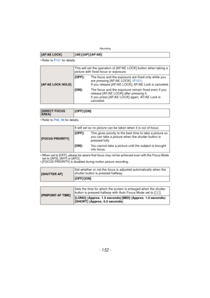 Page 152Recording
- 152 -
•Refer to P101 for details.
•Refer to P96, 98  for details.
•When set to [OFF], please be aware that focus may not be achieved even with the Focus Mode 
set to [AFS], [AFF] or [AFC].
•[FOCUS PRIORITY] is disabled during motion picture recording.
[AF/AE LOCK][ AE ]/[AF]/[AF/AE]
[AF/AE LOCK HOLD]
This will set the operation of [AF/AE LOCK] button when taking a 
picture with fixed focus or exposure.
[OFF]: The focus and the exposure are fixed only while you 
are pressing [AF/AE LOCK]....