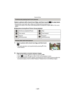 Page 159- 159 -
Playback/Editing
Select a picture with a burst icon [˜], and then touch [ ] to play back.
•Pressing the cursor button  3 to allows you to play back burst pictures.
Display at the right of the screen while playing back corresponds to  3/4/2 /1 on the cursor 
button.
∫ Operations during Burst Picture Group playback
1Select a picture with a burst icon [ ˜], and then touch 
[].
•
The same operation can be performed by pressing  4 of the 
cursor buttons.
2Drag horizontally to transfer between images....