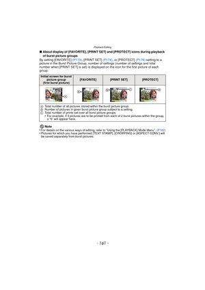 Page 161- 161 -
Playback/Editing
∫About display of [FAVORITE], [PRINT SET] and [PROTECT] icons during playback 
of burst picture groups
By setting [FAVORITE]  (P173), [PRINT SET]  (P174), or [PROTECT]  (P176) setting to a 
picture in the Burst Picture Group, number of settings (number of settings and total 
number when [PRINT SET] is set) is displayed on the icon for the first picture of each 
group.
Note
•
For details on the various ways of editing, refer to “Using the [PLAYBACK] Mode Menu”. (P162)•Pictures for...