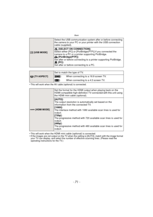 Page 71- 71 -
Basic
•This will work when the AV cable (optional) is connected.
•This will work when the HDMI mini cable (optional) is connected.•If the images are not output on the TV when the setting is [AUTO], match with the image format 
your TV can display, and select the number of effective scanning lines. (Please read the 
operating instructions for the TV.)
x [USB MODE]
Select the USB communication system after or before connecting 
the camera to your PC or your printer with the USB connection 
cable...