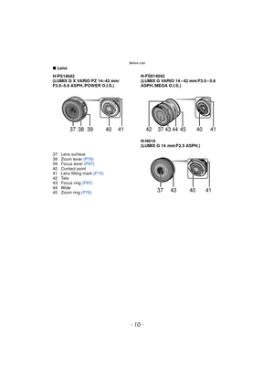 Page 10Before Use
- 10 -
∫Lens
H-PS14042
(LUMIX G X VARIO PZ 14–42 mm/
F3.5–5.6 ASPH./POWER O.I.S.) H-FS014042
(LUMIX G VARIO 14 – 42 mm/F3.5 – 5.6 
ASPH./MEGA O.I.S.)
H-H014
(LUMIX G 14 mm/F2.5 ASPH.)
37 Lens surface
38 Zoom lever  (P76)
39 Focus lever (P97)
40 Contact point
41 Lens fitting mark (P15)
42 Tele
43 Focus ring  (P97)
44 Wide
45 Zoom ring (P76)
40 41
39383742 37 43 44 4540 41
40 41
4337 