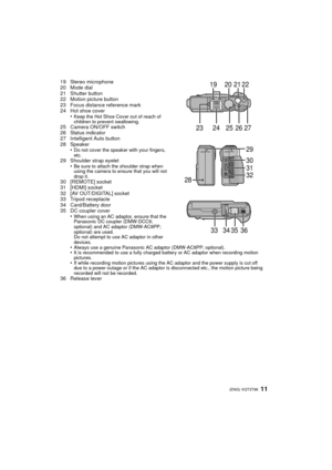 Page 1111 (ENG) VQT3T96
19 Stereo microphone
20 Mode dial
21 Shutter button
22 Motion picture button
23 Focus distance reference mark
24 Hot shoe cover•
Keep the Hot Shoe Cover out of reach of 
children to prevent swallowing.
25 Camera ON/OFF switch
26 Status indicator
27 Intelligent Auto button
28 Speaker•
Do not cover the speaker with your fingers, 
etc.
29 Shoulder strap eyelet•Be sure to attach the shoulder strap when 
using the camera to ensure that you will not 
drop it.
30 [REMOTE] socket
31 [HDMI]...