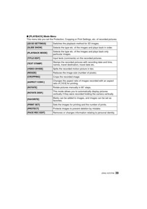 Page 3939 (ENG) VQT3T96
∫[PLAYBACK] Mode Menu
This menu lets you set the Protection, Cropping or  Print Settings, etc. of recorded pictures.
[2D/3D SETTINGS]Switches the playback method for 3D images.
[SLIDE SHOW]Selects the type etc. of the images and plays back in order.
[PLAYBACK MODE]Selects the type etc. of the images and plays back only 
particular images.
[TITLE EDIT]Input texts (comments) on the recorded pictures.
[TEXT STAMP]Stamps the recorded pictures with recording date and time, 
names, travel...