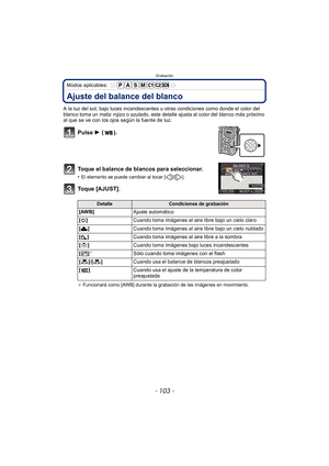 Page 103- 103 -
Grabación
Modos aplicables: 
Ajuste del balance del blanco
A la luz del sol, bajo luces incandescentes u otras condiciones como donde el color del 
blanco toma un matiz rojizo o azulado, este detalle ajusta al color del blanco más próximo 
al que se ve con los ojos según la fuente de luz.
Pulse 1 ().
Toque el balance de blancos para seleccionar.
•El elemento se puede cambiar al tocar [ ]/[ ].
Toque [AJUST].
¢  Funcionará como [AWB] durante la grabación de las imágenes en movimiento....