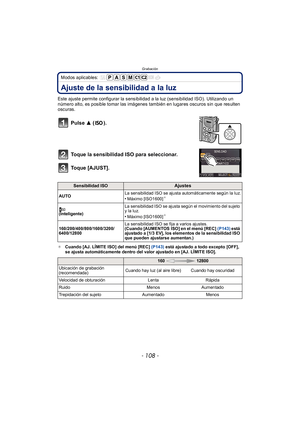 Page 108Grabación
- 108 -
Modos aplicables: 
Ajuste de la sensibilidad a la luz
Este ajuste permite configurar la sensibilidad a la luz (sensibilidad ISO). Utilizando un 
número alto, es posible tomar las imágenes también en lugares oscuros sin que resulten 
oscuras.
Pulse 3 ().
Toque la sensibilidad ISO para seleccionar.
Toque [AJUST].
¢ Cuando [AJ. LÍMITE ISO] del menú [REC]  (P143) está ajustado a todo excepto [OFF], 
se ajusta automáticamente dentro del valor ajustado en [AJ. LÍMITE ISO].
Sensibilidad...