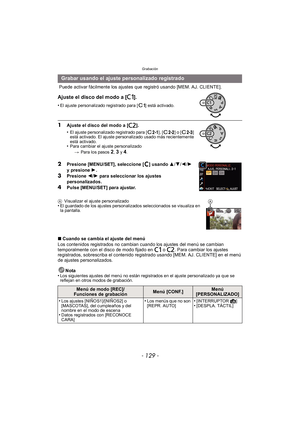 Page 129- 129 -
Grabación
 Puede activar fácilmente los ajustes que registró usando [MEM. AJ. CLIENTE].
Ajuste el disco del modo a [ ].
•El ajuste personalizado registrado para [ ] está activado.
1Ajuste el disco del modo a [ ].
•
El ajuste personalizado registrado para [ ], [ ] o [ ] 
está activado. El ajuste personalizado usado más recientemente 
está activado.
•Para cambiar el ajuste personalizado> Para los pasos 
2, 3 y 4.
2Presione [MENU/SET], seleccione [ ] usando  3/4/ 2/1 
y presione  1.
3Presione  2/1...