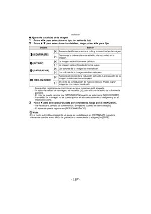 Page 137- 137 -
Grabación
∫Ajuste de la calidad de la imagen1Pulse  2/1 para seleccionar el tipo de estilo de foto.
2Pulse  3/4 para seleccionar los detalles, luego pulse  2/1 para fijar.
•
Los ajustes registrados se memorizan aunque la cámara esté apagada.•Si ajusta la calidad de la imagen, se visualiza [ _] junto al icono de estilo de la foto en la 
pantalla.
•El color se puede cambiar por [SATURACION] cuando se selecciona [MONOCROMO].•La calidad de la imagen no se puede ajustar en el modo automático...