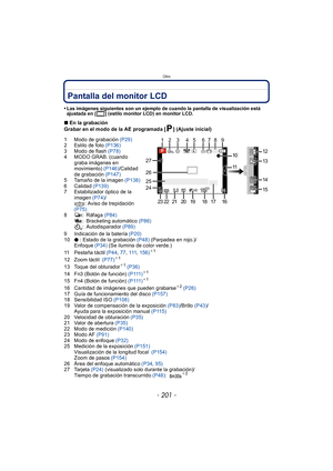 Page 201- 201 -
Otro
Pantalla del monitor LCD
•Las imágenes siguientes son un ejemplo de cuando la pantalla de visualización está 
ajustada en [ ] (estilo monitor LCD) en monitor LCD.
∫En la grabación
Grabar en el modo de la AE programada [ ] (Ajuste inicial)
1 Modo de grabación  (P29)
2 Estilo de foto  (P136)
3 Modo de flash  (P78)
4 MODO GRAB. (cuando 
graba imágenes en 
movimiento)  (P146)/Calidad 
de grabación  (P147)
5 Tamaño de la imagen  (P138)
6 Calidad  (P139)
7 Estabilizador óptico de la 
imagen...