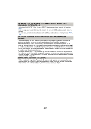 Page 213- 213 -
Otro
[LA IMAGEN ESTÁ VISUALIZADA EN FORMATO 16:9]/[LA IMAGEN ESTÁ 
VISUALIZADA EN FORMATO 4:3]
•
Seleccione [ASPECTO TV] en el menú [CONF.] si quiere cambiar el aspecto del televisor. 
(P71)
•Este mensaje aparece también cuando el cable de conexión USB está conectado sólo a la 
cámara.
En este caso, conecte el otro cabo del cable USB a un ordenador o a una impresora. (P190, 
192)
[LA EDICIÓN NO PUEDE PROSEGUIR PORQUE ESTÁ PROCESÁNDOSE 
INFORMA.]
Cuando se inserta en esta unidad una tarjeta con...