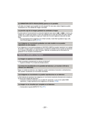Page 221- 221 -
Otro
•¿Es ésta una imagen que se grabó con otro equipo? En ese caso, estas imágenes pueden 
visualizarse con una calidad de imagen mermada.
•Cuando está en funcionamiento la corrección digital de ojos rojos ([ ], [ ]), si toma una 
imagen de un sujeto que tenga un color rojo rodeado por el color del matiz de la piel, aquella 
porción roja puede corregirse al negro por medio de la función digital de reducción de ojos 
rojos.> Se recomienda tomar imágenes con el flash cerrado, modo flash ajustado...