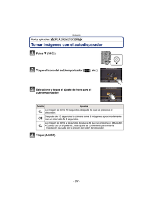 Page 89- 89 -
Grabación
Modos aplicables: 
Tomar imágenes con el autodisparador
Pulse 4 ().
Toque el icono del autotemporizador ([ ], etc.).
Seleccione y toque el ajuste de hora para el 
autotemporizador.
Toque [AJUST].
DetalleAjustes
La imagen se toma 10 segundos después de que se presiona el 
obturador.
Después de 10 segundos la cámara toma 3 imágenes aproximadamente 
con un intervalo de 2 segundos.
La imagen se toma 2 segundos después de que se presiona el obturador.
•
Cuando usa un trípode etc., este ajuste...