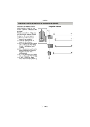 Page 100Grabación
- 100 -
Acerca de la marca de referencia de la distancia del enfoque
La marca de referencia de la 
distancia del enfoque es una 
marca que mide la distancia del 
enfoque.
Úselo cuando toma imágenes 
con el enfoque manual o toma 
imágenes de primer plano.
A Marca de referencia de la 
distancia del enfoque
B Línea de referencia de la 
distancia del enfoque
C 0,2 m [Cuando se usa la lente 
intercambiable (H-PS14042), 
Ancho a la longitud focal 
20 mm]
D 0,3 m [Cuando se usa la lente...
