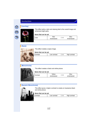 Page 117117
Recording Modes
This effect adds a dark and relaxing feel to the overall image and 
enhances bright parts.
This effect creates a sepia image.
This effect creates a black and white picture.
This effect gives a higher contrast to create an impressive black 
and white picture.
[Low Key]
Items that can be set
Color Red 
emphasized Blue 
emphasized
[Sepia]
Items that can be set
Contrast Low contrast High contrast
[Monochrome]
Items that can be set
Contrast Ye l l o w  
emphasized Blue 
emphasized
[Dynamic...