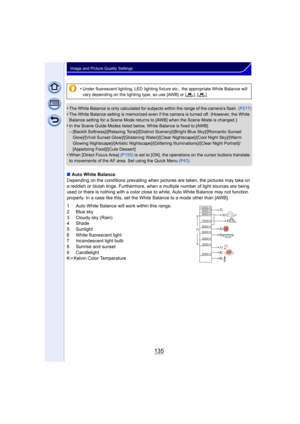 Page 135135
Image and Picture Quality Settings
•The White Balance is only calculated for subjects within the range of the camera’s flash. (P217)•The White Balance setting is memorized even if the camera is turned off. (However, the White 
Balance setting for a Scene Mode returns to [AWB] when the Scene Mode is changed.)
•In the Scene Guide Modes listed below, White Balance is fixed to [AWB].–[Backlit Softness]/[Relaxing Tone]/[Distinct Scenery]/[Bright Blue Sky]/[Romantic Sunset 
Glow]/[Vivid Sunset...