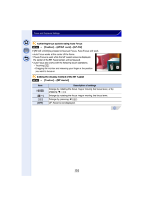 Page 159159
Focus and Exposure Settings
Achieving focus quickly using Auto Focus
If [AF/AE LOCK] is pressed in Manual Focus, Auto Focus will work.
•
Auto Focus works at the center of the frame.•If Auto Focus is used while the MF Assist screen is displayed, 
the center of the MF Assist screen will be focused.
•Auto Focus also works with the following touch operations.–Touching [ ]
–Dragging the monitor and releasing your finger at the position 
you want to focus on
Setting the display method of the MF Assist...