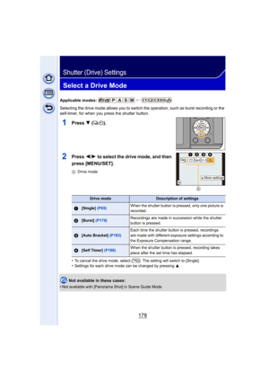 Page 178178
Shutter (Drive) Settings
Select a Drive Mode
Applicable modes: 
Selecting the drive mode allows you to switch the operation, such as burst recording or the 
self-timer, for when you press the shutter button.
1Press  4 ().
2Press 2/1 to select the drive mode, and then 
press [MENU/SET]
.
A Drive mode
•To cancel the drive mode, select [ ]. The setting will switch to [Single].•Settings for each drive mode can be changed by pressing  3.
Not available in these cases:
•
Not available with [Panorama Shot]...