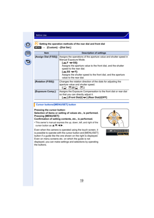 Page 1919
Before Use
Setting the operation methods of the rear dial and front dial
Pressing the cursor button:
Selection of items or setting of values etc., is performed.
Pressing [MENU/SET]:
Confirmation of setting contents, etc., is performed.
•
This owner’s manual express the up, down, left, and right of the 
cursor button as 3/4/2 /1.
Even when the camera is operat ed using the touch screen, it 
is possible to operate with the cursor button and [MENU/SET] 
button if a guide like the one shown on the right...