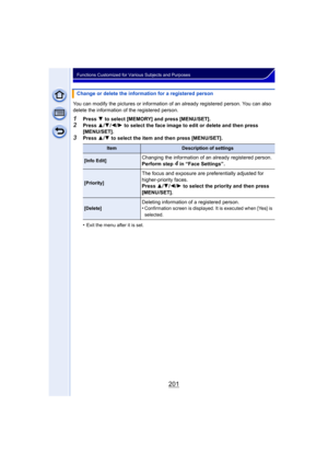 Page 201201
Functions Customized for Various Subjects and Purposes
You can modify the pictures or information of an already registered person. You can also 
delete the information of the registered person.
1Press  4 to select [MEMORY] and press [MENU/SET].
2Press  3/4 /2 /1  to select the face image to edit or delete and then press 
[MENU/SET].
3Press  3/4  to select the item and then press [MENU/SET].
•
Exit the menu after it is set.
Change or delete the information for a registered person
ItemDescription of...