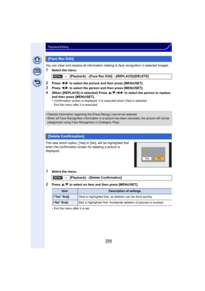 Page 264264
Playback/Editing
You can clear and replace all information relating to face recognition in selected images.
1Select the menu.
2Press 2/1  to select the picture and then press [MENU/SET].
3Press  2/1  to select the person and then press [MENU/SET].
4(When [REPLACE] is selected) Press  3/4/2 /1  to select the person to replace 
and then press [MENU/SET].
•
Confirmation screen is displayed. It is executed when [Yes] is selected. 
Exit the menu after it is executed.
•Cleared information regarding the...