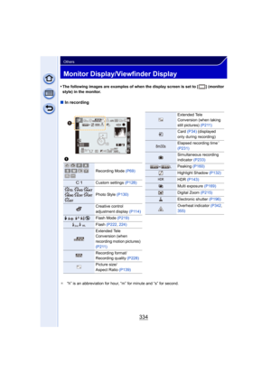 Page 334334
Others
Monitor Display/Viewfinder Display
•The following images are examples of when the display screen is set to [ ] (monitor 
style) in the monitor.
∫In recording
¢ “h” is an abbreviation for hour, “m” for minute and “s” for second.
1
Recording Mode  (P69)
Custom settings (P128)
Photo Style (P130)
Creative control 
adjustment display  (P114)
‰ŒFlash Mode (P219)
Flash (P222, 224)
Extended Tele 
Conversion (when 
recording motion pictures) 
(P211)
Recording format/
Recording quality  (P228)
Picture...