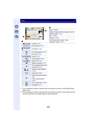Page 335335
Others
¢1 This is displayed for about 5 seconds when the camera is turned on if the [Profile Setup] 
setting is set.
¢ 2 This is displayed for about 5 seconds when the camera is turned on, after setting the clock 
and after switching from Playback Mode to Recording Mode.
2
A›Quality  (P140)
Focus Mode (P147)
šØAF Mode  (P146)
Face Recognition  (P197)
AF Lock (P164)
Burst (P179)
Auto Bracket (P183)
Self-timer  (P186)
Battery indication  (P27)
Picture Mode (Still picture 
priorities) (P233)
Optical...