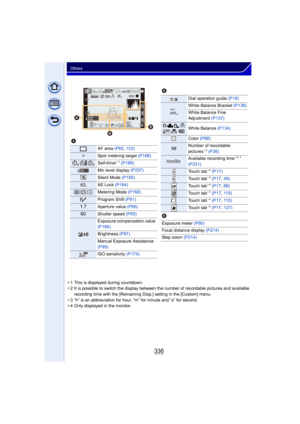 Page 336336
Others
¢1 This is displayed during countdown.
¢ 2 It is possible to switch the display between th e number of recordable pictures and available 
recording time with the [Remaining Disp.] setting in the [Custom] menu.
¢ 3 “h” is an abbreviation for hour, “m” for minute and “s” for second.
¢ 4 Only displayed in the monitor.
4
AF area  (P65, 153)
Spot metering target  (P168)
Self-timer¢1 (P186)
Mic level display  (P237)
Silent Mode (P195)
AE Lock (P164)
Metering Mode (P168)
Program Shift (P91)...