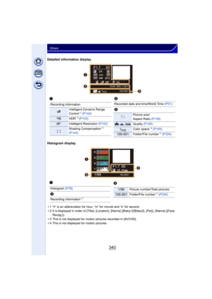 Page 340340
Others
Detailed information display
Histogram display
¢1 “h” is an abbreviation for hour, “m” for minute and “s” for second.
¢ 2 It is displayed in order of [Title], [Location], [Name] ([Baby1]/[Baby2], [Pet]), [Name] ([Face 
Recog.]).
¢ 3 This is not displayed for motion pictures recorded in [AVCHD].
¢ 4 This is not displayed for motion pictures.
100-0001
F1.7 60
P(&s
RGB
AFS200
0WB WBISO
ISOAWB
STD.
STD.
STD.
L4:3


1
Recording information
Intelligent Dynamic Range 
Control¢
3...