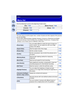 Page 345345
Others
Menu list
Click the followings to jump to the beginning of each menu.
This menu lets you set the aspect ratio, number of pixels and other aspects of the pictures 
you are recording.
•
[Photo Style], [Metering Mode], [Highlight Shadow ], [i.Dynamic], [i.Resolution] and [Digital 
Zoom] are common to both the [Rec] menu a nd [Motion Picture] menu. Changing these 
settings in one of these menus is reflected in other menu. [Rec]
P345 [Motion Picture]P348
[Custom] P349 [Setup]P352
[Playback] P354...