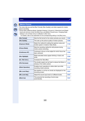 Page 348348
Others
This menu lets you set the [Rec Format], [Rec Quality], and other aspects for motion 
picture recording.
•
[Photo Style], [Metering Mode], [Highlight Shadow], [i.Dynamic], [i.Resolution] and [Digital 
Zoom] are common to both the [Rec] menu a nd [Motion Picture] menu. Changing these 
settings in one of these menus is reflected in other menu.
–For details, refer to the explanation for the corresponding setting in the [Rec] menu.
[Motion Picture]
[Rec Format]Sets the file format for the motion...