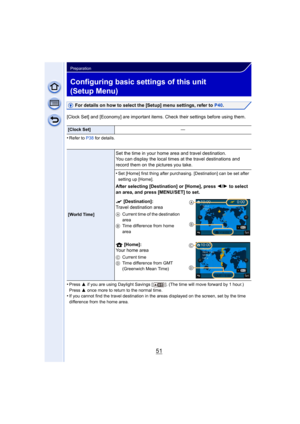 Page 5151
Preparation
Configuring basic settings of this unit 
(Setup Menu)
For details on how to select the [Setup] menu settings, refer to P40.
[Clock Set] and [Economy] are important items. Check their settings before using them.
•
Refer to P38  for details.
•Press 3 if you are using Daylight Savings [ ]. (The time will move forward by 1 hour.) 
Press  3 once more to return to the normal time.
•If you cannot find the travel destination in the areas displayed on the screen, set by the time 
difference from...