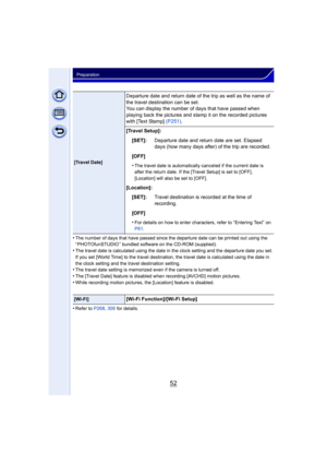 Page 5252
Preparation
•The number of days that have passed since the departure date can be printed out using the 
“ PHOTOfunSTUDIO ” bundled software on the CD-ROM (supplied).
•The travel date is calculated using the date in the clock setting and the departure date you set. 
If you set [World Time] to the travel destination, the travel date is calculated using the date in 
the clock setting and the travel destination setting.
•The travel date setting is memorized even if the camera is turned off.•The [Travel...