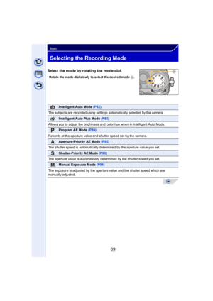 Page 6969
Basic
Selecting the Recording Mode
Select the mode by rotating the mode dial.
•Rotate the mode dial slowly to select the desired mode A.
Intelligent Auto Mode  (P82)
The subjects are recorded using settings  automatically selected by the camera.
Intelligent Auto Plus Mode (P82)
Allows you to adjust the brightness and color hue when in Intelligent Auto Mode.
Program AE Mode (P89)
Records at the aperture value and shutter speed set by the camera.
Aperture-Priority AE Mode (P92)
The shutter speed is...