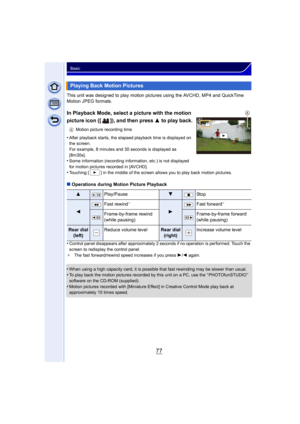 Page 7777
Basic
This unit was designed to play motion pictures using the AVCHD, MP4 and QuickTime 
Motion JPEG formats.
In Playback Mode, select a picture with the motion 
picture icon ([ ]), and then press  3 to play back.
AMotion picture recording time
•After playback starts, the elapsed playback time is displayed on 
the screen.
For example, 8 minutes and 30 seconds is displayed as 
[8m30s].
•Some information (recording information, etc.) is not displayed 
for motion pictures recorded in [AVCHD].
•Touching [...