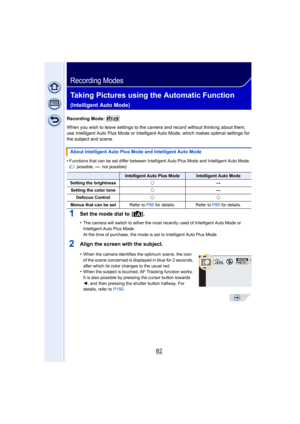 Page 8282
Recording Modes
Taking Pictures using the Automatic Function 
(Intelligent Auto Mode)
Recording Mode: 
When you wish to leave settings to the camera and record without thinking about them, 
use Intelligent Auto Plus Mode or Intelligent Auto Mode, which makes optimal settings for 
the subject and scene.
•
Functions that can be set differ between Intelligent Auto Plus Mode and Intelligent Auto Mode. 
( ± : possible, —: not possible)
1Set the mode dial to  [¦].
•The camera will switch to either the most...