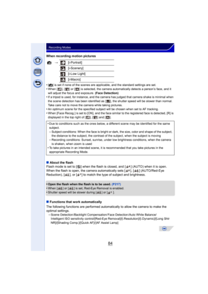 Page 8484
Recording Modes
When recording motion pictures
•
[¦] is set if none of the scenes are applicable, and the standard settings are set.
•When [ ], [ ] or [ ] is selected, the camera automatically detects a person’s face, and it 
will adjust the focus and exposure. (Face Detection)
•If a tripod is used, for instance, and the camera has judged that camera shake is minimal when 
the scene detection has been identified as [ ],  the shutter speed will be slower than normal. 
Take care not to move the camera...