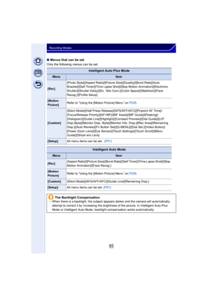 Page 8585
Recording Modes
∫Menus that can be set
Only the following menus can be set.
Intelligent Auto Plus Mode
MenuItem
[Rec] [Photo Style]/[Aspect Ratio]/[Picture Size]/[Quality]/[Burst Rate]/[Auto 
Bracket]/[Self Timer]/[Time Lapse Shot]/[Stop Motion Animation]/[Electronic 
Shutter]/[Shutter Delay]/[Ex. Tele Conv.]/[Color Space]/[Stabilizer]/[Face 
Recog.]/[Profile Setup]
[Motion 
Picture]
Refer to “Using the [Motion Picture] Menu” on 
P235.
[Custom] [Silent Mode]/[Half Press Release]/[...