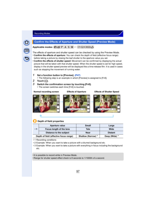 Page 9797
Recording Modes
Applicable modes: 
The effects of aperture and shutter speed can be checked by using the Preview Mode.
•
Confirm the effects of aperture:  You can check the depth of field (effective focus range) 
before taking a picture by closing the leaf shutter to the aperture value you set.
•Confirm the effects of shutter speed:  Movement can be confirmed by displaying the actual 
picture that will be taken with that shutter speed. When the shutter speed is set for high speed, 
display in the...