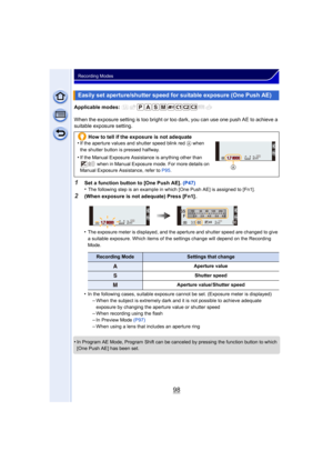 Page 9898
Recording Modes
Applicable modes: 
When the exposure setting is too bright or too dark, you can use one push AE to achieve a 
suitable exposure setting.
•
The exposure meter is displayed, and the aperture and shutter speed are changed to give 
a suitable exposure. Which items of the settings change will depend on the Recording 
Mode.
•In the following cases, suitable exposure cannot be set. (Exposure meter is displayed)
–When the subject is extremely dark and it is not possible to achieve adequate...