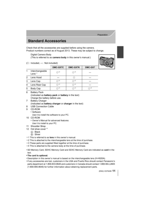 Page 1111
Preparation
 (ENG) VQT5A95
Standard Accessories
Check that all the accessories are supplied before using the camera.
Product numbers correct as of August 2013. These may be subject to change.Digital Camera Body
(This is referred to as  camera body in this owner’s manual.)
(± : Included, —: Not included)
6Battery Pack (Indicated as  battery pack or battery in the text)
Charge the battery before use.
7 Battery Charger (Indicated as  battery charger  or charger  in the text)
8 USB Connection Cable
9...