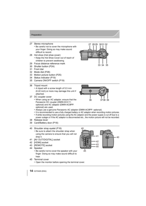 Page 1414
Preparation
VQT5A95 (ENG) 
27 Stereo microphone•Be careful not to cover the microphone with 
your finger. Doing so may make sound 
difficult to record.
28 Hot shoe (Hot shoe cover)•Keep the Hot Shoe Cover out of reach of 
children to prevent swallowing.
29 Focus distance reference mark
30 Shutter button (P24)
31 Front dial
32 Mode dial (P26)
33 Motion picture button (P25)
34 Status indicator (P19)
35 Camera ON/OFF switch (P19)
36 Tripod mount•A tripod with a screw length of 5.5 mm 
(0.22 inch) or more...