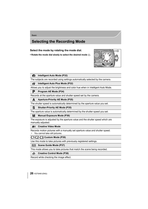 Page 2626
Basic
VQT5A95 (ENG) 
Selecting the Recording Mode
Select the mode by rotating the mode dial.
•Rotate the mode dial slowly to select the desired mode A.
Intelligent Auto Mode (P32)
The subjects are recorded using settings automatically selected by the camera.
Intelligent Auto Plus Mode (P32)
Allows you to adjust the  brightness and color hue when in Intelligent Auto Mode.
Program AE Mode (P34)
Records at the aperture value and shutter speed set by the camera.
Aperture-Priority AE Mode (P35)
The shutter...