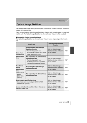 Page 5555
Recording
 (ENG) VQT5A95
Optical Image Stabilizer
The camera detects jitter during recording and automatically corrects it, so you can record 
images with reduced jitter.
There are two types of Optical Image Stabilizers, the one built into a lens and the one built 
into this unit. The Optical Image Stabilizer of either a lens or this unit will be enabled.
∫Compatible Optical Image Stabilizers
The Optical Image Stabilizer of either a lens or this unit works depending on the lens in 
use.
Lens in...