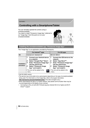 Page 6464
Wi-Fi/NFC
VQT5A95 (ENG) 
Controlling with a Smartphone/Tablet
You can remotely operate the camera using a 
smartphone/tablet.
You need to install “Panasonic Image App” (referred to 
as “ Image App ” from this point on )  on your 
smartphone/tablet.
The “Image App” is an application provided by Panasonic.
•
Use the latest version.
•The service may not be able to be used properly depending on the type of smartphone/tablet 
being used. For information on the Image App, refer to the support site below....