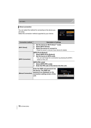 Page 7272
Wi-Fi/NFC
VQT5A95 (ENG) 
You can select the method for connecting to the device you 
are using.
Select the connection method supported by your device. Direct connection
Connection methodDescription of settings
[Wi-Fi Direct]
1Set the device to Wi-Fi DirectTM mode.
2Select [Wi-Fi Direct].3Select the device to connect to.
•Read the owner’s manual of your device for details.
[WPS Connection]
[WPS (Push-Button)]
1Select [WPS (Push-Button)].2Set the device to WPS mode.
•You can wait longer for a connection...